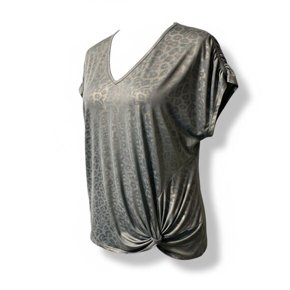 Democracy Womens Plus 3X Metallic Animal Print Short Sleeve Ruching Front Knot - Picture 1 of 10